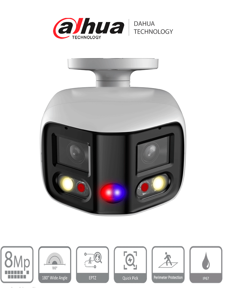 DAHUA IPC-PFW3849S-A180-AS-PV Cámara IP Bullet WizSense 2x4MP con visión de 180°, MultiVision, LED IR 25m y luz cálida 20m. Disuasión activa con micrófono dual y altavoz integrado, EPTZ, SMD 4.0, PoE, IP67, y ranura MicroSD. Ideal para seguridad avanzada. DAHUA IPC-PFW3849S-A180-AS-PV Cámara IP Bullet WizSense 2x4MP con visión de 180°, MultiVision, LED IR 25m y luz cálida 20m. Disuasión activa con micrófono dual y altavoz integrado, EPTZ, SMD 4.0, PoE, IP67, y ranura MicroSD. Ideal para seguridad avanzada.